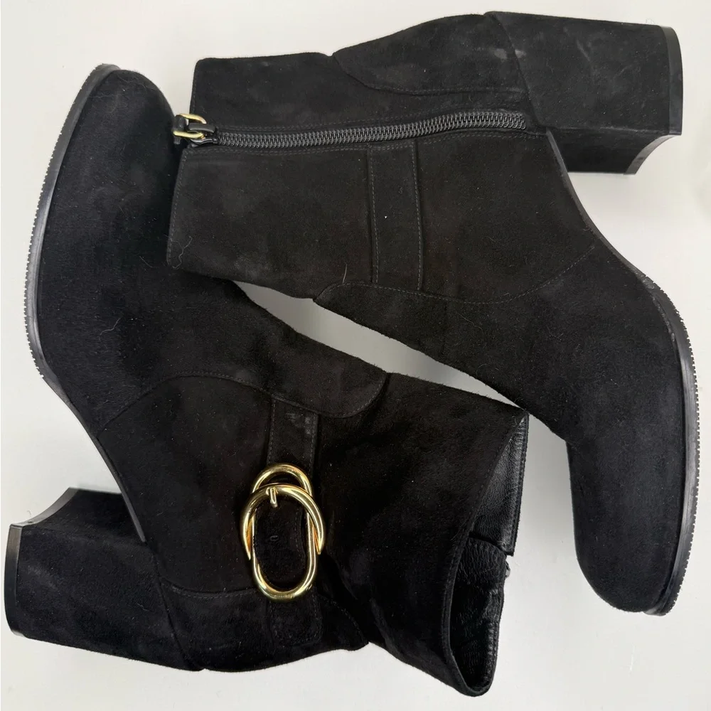 Stuart Weitzman Black Suede Ankle Boots Gold Hardware Block Heel 7.5 - Picture 5 of 13